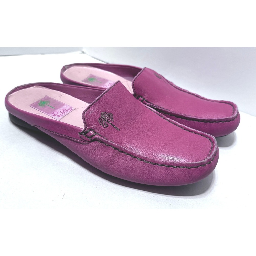 Lilly Pulitzer Pink Leather Mules Palm Tree Driving Loafers Womens 8.5 Preppy